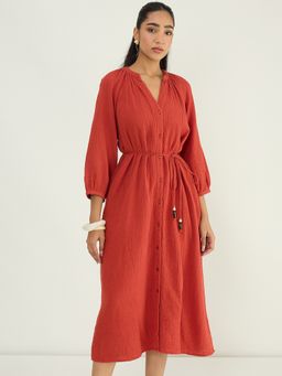 Femmella - Rust Cotton Gauze Button Down Dress with Belt