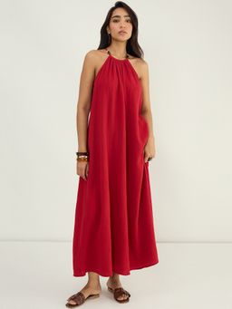 Femmella - Deep Red Cotton Gauze Halter Neck Dress