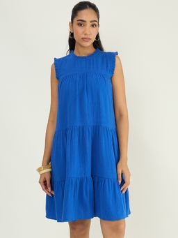 Femmella - Royal Blue Cotton Gauze Tiered Dress