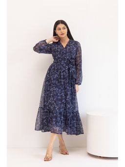 Polago Clothing - Blue Wrap Chiffon Dress with Belt