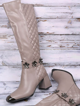 Ronnie Grey - Women Beige Checked High-Top Boots