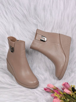 Ronnie Grey - Women Beige Solid Wedge Heel Mid-Top Boots