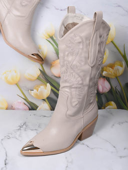 Ronnie Grey - Women Beige Patterned High-Top Chunky Boots