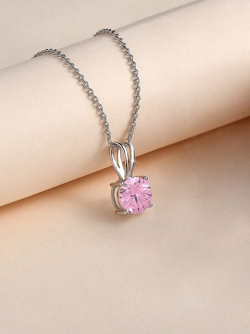 Ornate Jewels 925 Silver 1 Carat Pink American Diamond Solitaire Pendant With Chain For Women & Girls