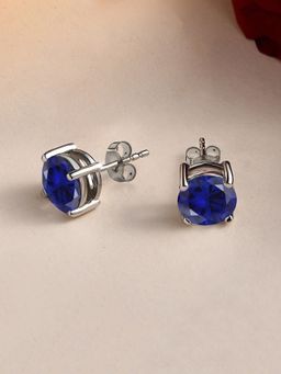 Ornate Jewels - 925 Silver 2 Carat Round Blue Sapphire Stud Earring For Women & Girls