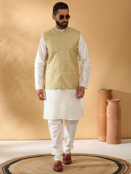 Kraft India - Silk Blend White Kurta and Churidar with Geometric Cream Nehru Jacket (Set of 3)