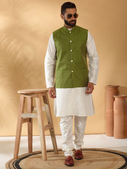 Kraft India - Silk Blend White Kurta and Churidar with Geometric Green Nehru Jacket (Set of 3)