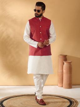 Kraft India - Silk Blend White Kurta and Churidar with Geometric Red Nehru Jacket (Set of 3)