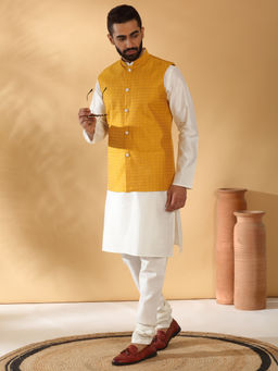 Kraft India - Silk Blend White Kurta and Churidar with Geometric Yellow Nehru Jacket (Set of 3)