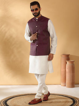 Kraft India - Silk Blend White Kurta and Churidar with Geometric Purple Nehru Jacket (Set of 3)