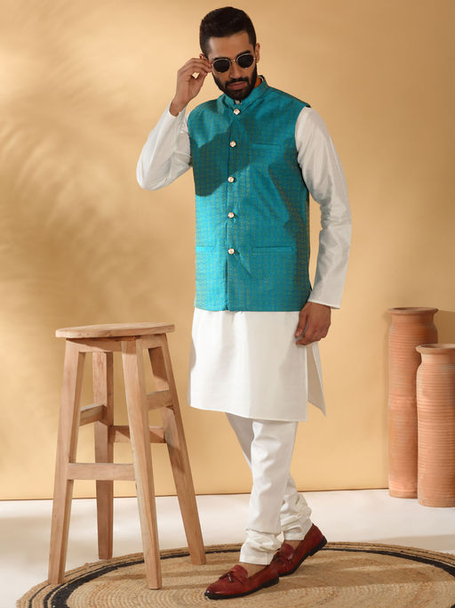 Kraft India Silk Blend Kurta and Churidar with Geometric Turquoise Nehru Jacket (Set of 3)