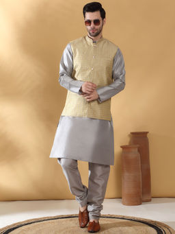 Kraft India - Silk Blend Grey Kurta and Churidar with Geometric Beige Nehru Jacket (Set of 3)