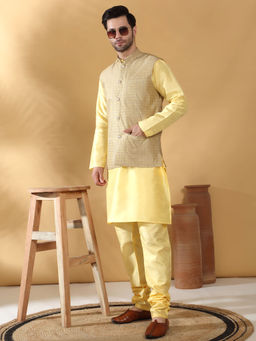 Kraft India - Silk Blend Yellow Kurta and Churidar with Geometric Beige Nehru Jacket (Set of 3)