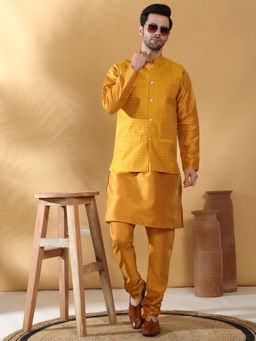 Kraft India - Silk Blend Kurta and Churidar with Geometric Mustard Nehru Jacket (Set of 3)