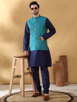 Kraft India - Silk Blend Kurta and Churidar with Geometric Turquoise Nehru Jacket (Set of 3)