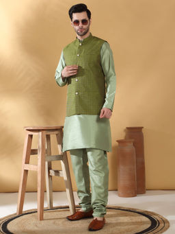 Kraft India - Silk Blend Olive Kurta and Churidar with Geometric Green Nehru Jacket (Set of 3)