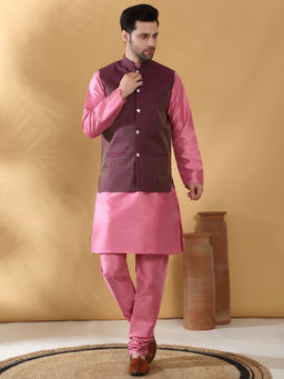 Kraft India - Silk Blend Pink Kurta and Churidar with Geometric Purple Nehru Jacket (Set of 3)