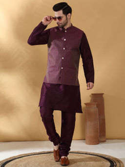 Kraft India - Silk Blend Kurta and Churidar with Geometric Purple Nehru Jacket (Set of 3)