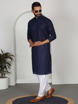 Kraft India - Chikankari Embroidered Cotton Navy Blue Kurta and Pyjamas (Set of 2)