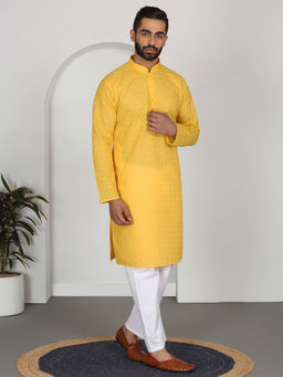 Kraft India - Chikankari Embroidered Cotton Yellow Kurta and Pyjamas (Set of 2)
