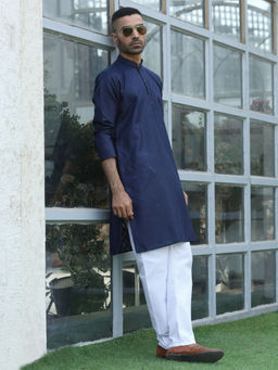 Kraft India - Cotton Blend Woven Self Desing Navy Blue Kurta and Pyjamas (Set of 2)