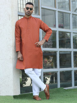 Kraft India - Cotton Blend Woven Self Desing Rust Kurta and Pyjamas (Set of 2)