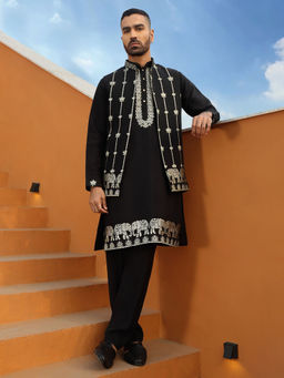 KRAFT INDIA LUXE - Zari Embroidered Cotton Silk Black Kurta With Trouser and Nehru Jacket (Set of 3)