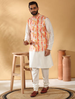 Kraft India - Silk Blend White Kurta and Churidar with Tie-Dye Orange Nehru Jacket (Set of 3)