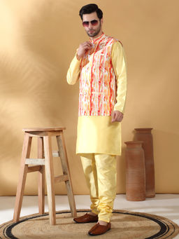 Kraft India - Silk Blend Yellow Kurta and Churidar with Tie-Dye Orange Nehru Jacket (Set of 3)