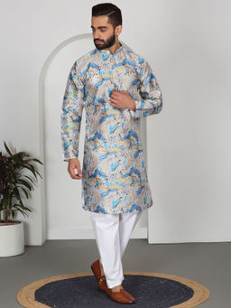 Kraft India - Silk Blend Floral Printed Grey Kurta and Pyjamas (Set of 2)