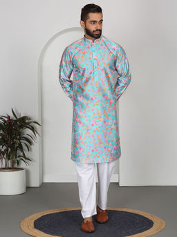 Kraft India - Silk Blend Floral Printed Sky Blue Kurta and Pyjamas (Set of 2)