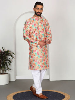 Kraft India - Silk Blend Floral Printed Cream Kurta and Pyjamas (Set of 2)