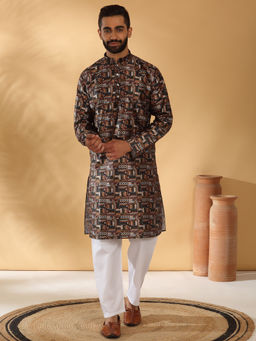 Kraft India - Silk Blend Geometric Printed Black Kurta and Pyjamas (Set of 2)