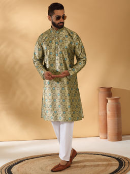 Kraft India - Silk Blend Printed Beige Kurta and Pyjamas (Set of 2)