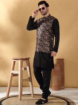Kraft India - Silk Blend Black Kurta Churidar with Abstract Printed Nehru Jacket (Set of 3)