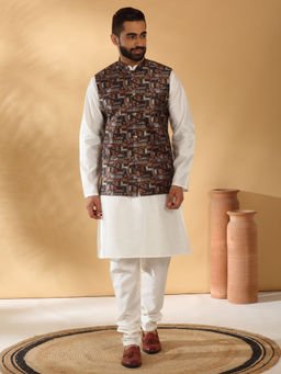 Kraft India - Silk Blend White Kurta Churidar with Abstract Printed Nehru Jacket (Set of 3)