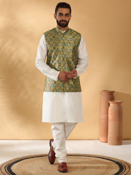 Kraft India - Silk Blend White Kurta Churidar with Abstract Printed Nehru Jacket (Set of 3)