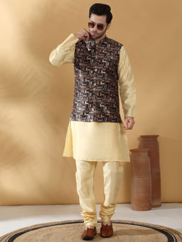 Kraft India - Silk Blend Cream Kurta Churidar with Abstract Printed Nehru Jacket (Set of 3)
