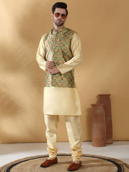 Kraft India - Silk Blend Beige Kurta Churidar with Abstract Printed Nehru Jacket (Set of 3)