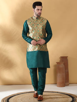 Kraft India - Silk Blend Green Kurta Churidar with Abstract Printed Nehru Jacket (Set of 3)