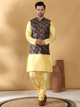 Kraft India - Silk Blend Yellow Kurta Churidar with Abstract Printed Nehru Jacket (Set of 3)