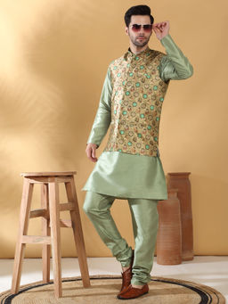 Kraft India - Silk Blend Olive Green Kurta Churidar with Printed Nehru Jacket (Set of 3)