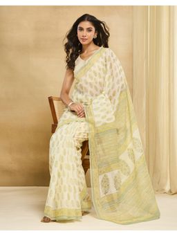 Fabindia - Off White Cotton Silk Hand Block Printed Saree