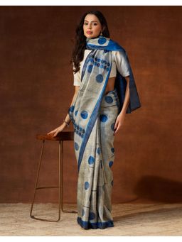 Fabindia - Blue Silk Hand Block Printed Saree