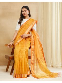 Fabindia - Yellow Cotton Silk Blend Maheshwari Saree