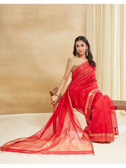 Fabindia - Red Silk Blend Cotton Maheshwari Saree