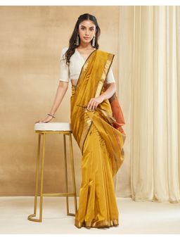 Fabindia - Mustard Cotton Silk Blend Maheshwari Saree