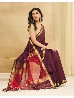 Fabindia - Wine Cotton Silk Blend Maheshwari Saree