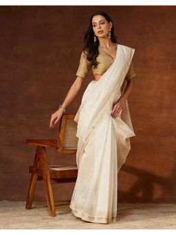 Fabindia - Off White Cotton Silk Blend Hand Block Printed Saree
