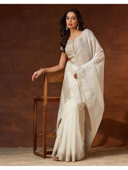 Fabindia - White Cotton Silk Blend Chanderi Saree